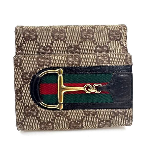 Gucci GG Rare Neutral Canvas Monogram Web Canvas Compact Wallet - Picture 1 of 11